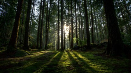 Majestic forest scene showcasing tall trees reaching towards the sky with sunlight streaming through the canopy, casting long shadows on the moss-covered forest floor.