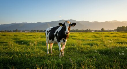 Domestic cow standing on farmland, symbol of agriculture, livestock, and rural life, perfect for farming, dairy, and nature themes.