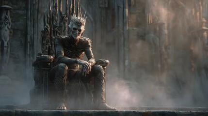 Regal skeletal figure, adorned with a crown, sits upon a weathered throne within a foreboding, mist-filled setting, exuding an aura of power and dominion, bathed in the soft glow of filtered light...