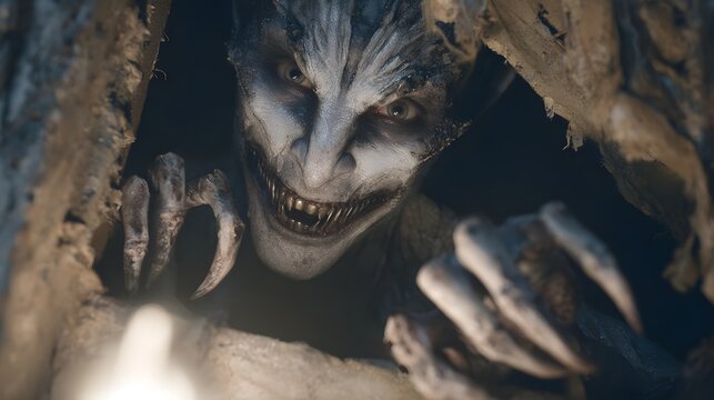 A sinister creature with sharp teeth and clawed hands emerges from a dark, enclosed space, its gaze intense and unsettling.