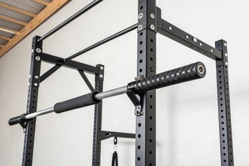 Close-up of a gym pull-up bar mounted on a sturdy black rack in a well-lit training space
