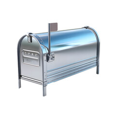 Shiny metallic mailbox with flag against transparent background