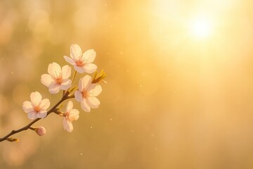 Sunlit blooming tree with warm flare and dancing pollen a joyful spring vignette that evokes renewal tenderness and the timeless poetry of nature in a refined decorative scene