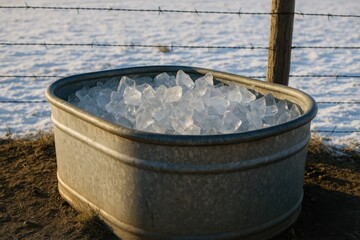 Naklejka premium Metal trough filled with ice in winter setting by fence 
