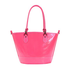 Shiny pink handbag with handle and transparent background