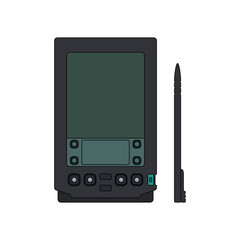 Lineal color vector icon of a 1990s PDA device with stylus, showcasing vintage digital technology, retro mobile organizer, and early personal computing tools.