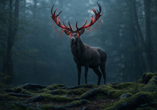 A majestic stag stands in a dark, misty forest, its antlers glowing with an eerie red light, creating a supernatural and mysterious atmosphere.
