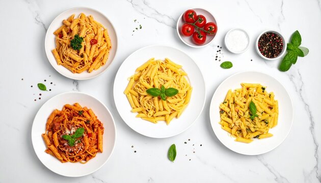 A delicious top-down view of four different Italian penne pasta dishes with assorted sauces, elegantly arranged on a white marble background