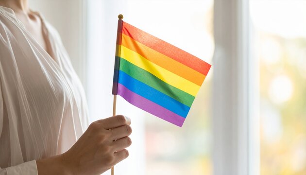 Pride flag in hand representing LGBTQ+ community and equality
