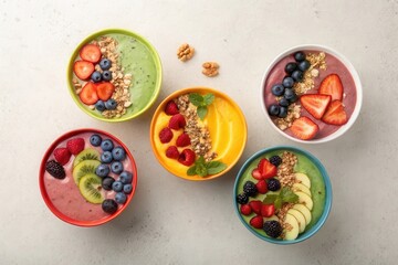 Fototapeta premium Colorful smoothie bowls topped with fresh fruits and granola arranged on a light surface