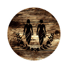 Silhouette figures on wood texture emblem design