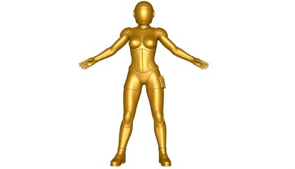 A full-body, gold-colored, futuristic female figure stands, arms outstretched, showcasing detailed armor plating.