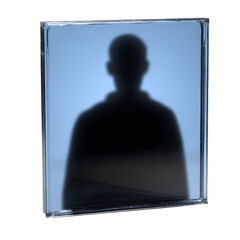 Silhouette in transparent square box against light blue background