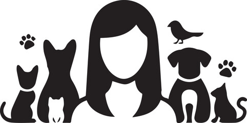 Woman surrounded by pets cat, dog, bird silhouettes