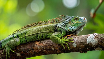 Fototapeta premium Green Iguana basking on a branch in the sunlight showing its beautiful scaly skin