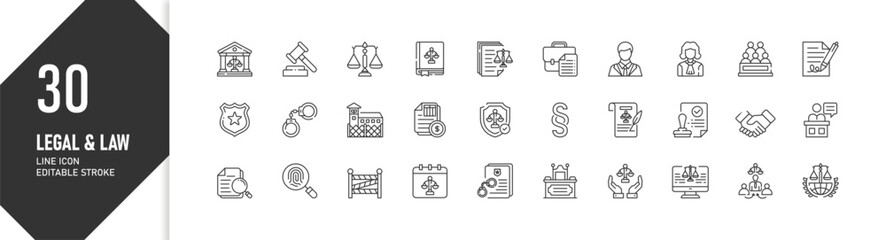 Legal and Law Line Icons – Justice, Court, Lawyer, Contract, Agreement, Compliance