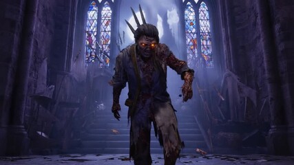A zombie with glowing eyes stands on stairs in a gothic cathedral with stained glass windows visible halloween zombie video - Powered by Adobe