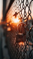 A weathered padlock hangs on a chain-link fence with a warm sunset visible in the background