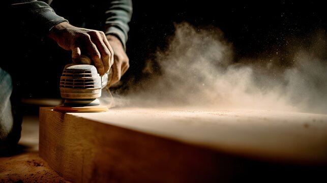 A craftsman utilizes a power sander to refine a wooden surface, generating a cloud of fine dust particles illuminated by focused lighting, showcasing woodworking expertise and precision in a dimly... - Powered by Adobe
