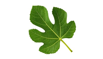 Vivid green fig leaf, detailed veins, displaying intricate patterns against a plain white background.