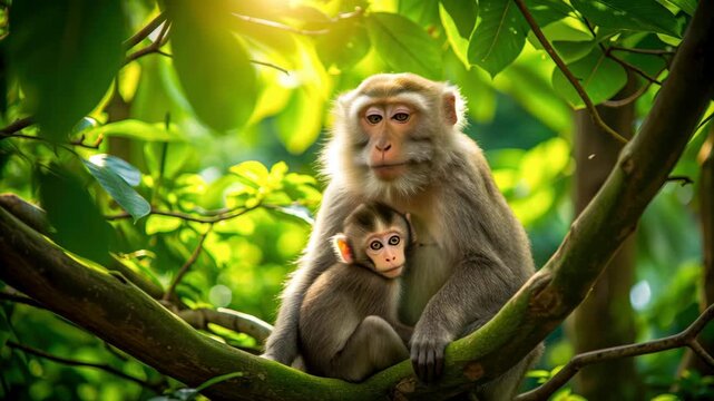 Mother monkey hugging baby monkey tree branch lush green forest, sunlight filtering through green leaves, peaceful wildlife scene, nurturing animal