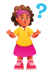 Little girl showing confusion with hands open and a question mark. Vector cartoon illustration