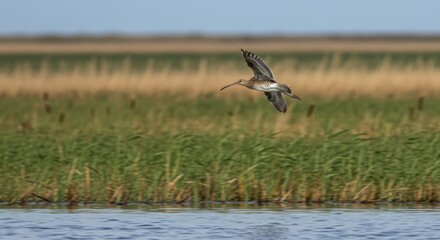 Curlew wading in shallow water with long curved bill, iconic shorebird symbol of wetlands, coastlines, and migratory birdlife.