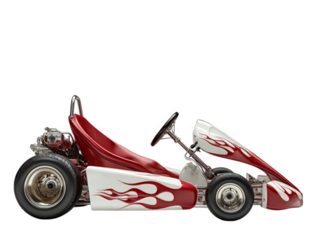 Red and white go kart with flame design sporty style single seat exposed engine racing vehicle metallic frame excitement speed competition outdoor activity