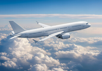 Obraz premium White passenger jet flies above the clouds in a clear blue sky at high altitude.