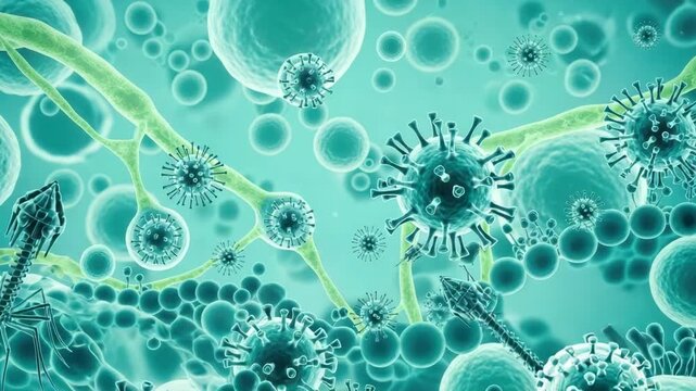 Vibrant microscopic illustration of biological environment Spiky viral particles spherical cells and bacteriophages interact with branching organic structures in vivid teal and green setting