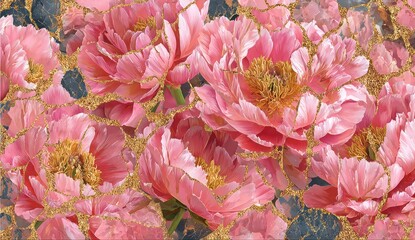 Lush pink peony blooms overlaid with sparkling gold veins, set against a cool, marbled background