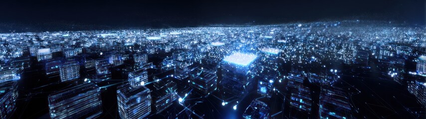 Cityscape at night with blue illuminated buildings abstract background