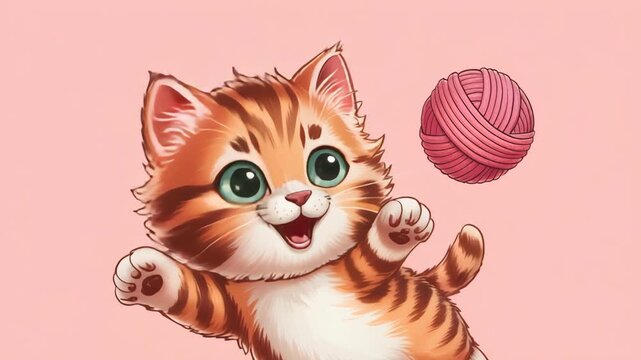 Playful orange striped tabby kitten illustration with expressive eyes reaching for a pink ball of yarn.