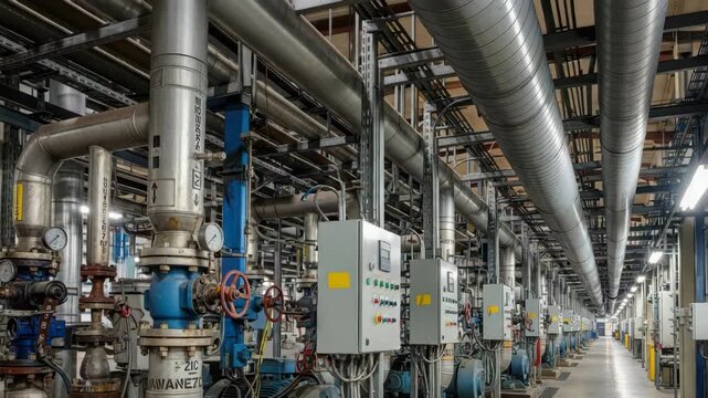 long industrial corridor displays complex machinery Silver pipes blue valves with gauges gray control panels and blue motors line the path extending under ducts and bright lights