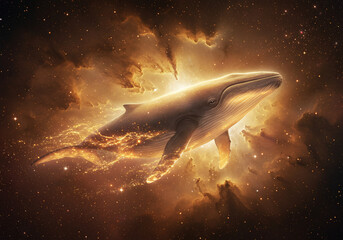 Obraz premium A majestic whale swims through a vibrant, golden nebula filled with stars and cosmic dust, bathed in ethereal light.