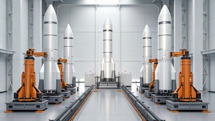 A futuristic launch facility features multiple rockets and robotic arms, showcasing advanced technology in aerospace engineering.