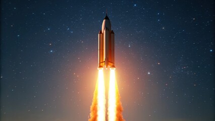 A powerful rocket launches against a starry sky, emitting bright flames, symbolizing advancement in space exploration and technology.