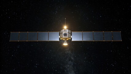 A detailed satellite with solar panels orbits in the vastness of space, illuminated by distant stars and the glow of the Milky Way.