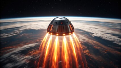 Obraz premium A spacecraft descends through the atmosphere, igniting fiery engines against a backdrop of Earth and stars.