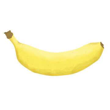 Digital art of a single, ripe yellow banana curving gently against a plain white background, illuminated softly, creating a simple, cheerful, and isolated composition.
