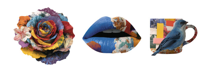 Colorful Retro Collage with Flower, Lips, Cup, and Bird on Transparent Background