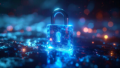 Cybersecurity Citadel: A glowing digital lock, a fortress of security, set against an abstract backdrop of data streams, suggesting safeguarding information in the digital realm.