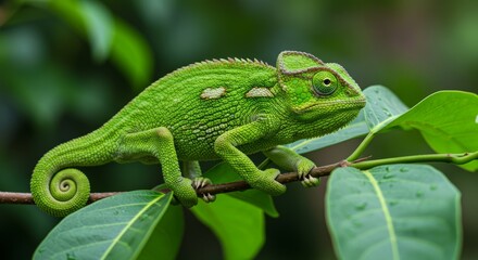 Fototapeta premium Colorful chameleon climbing on branch, famous for its camouflage and ability to change color, symbol of adaptability and exotic reptiles.