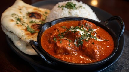 A beautifully presented dish showcases an appealing culinary composition, featuring tender chicken pieces enveloped in a rich, vibrant orange sauce, complemented by fluffy white rice and soft,...