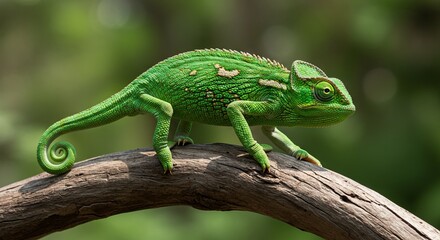 Naklejka premium Colorful chameleon climbing on branch, famous for its camouflage and ability to change color, symbol of adaptability and exotic reptiles.
