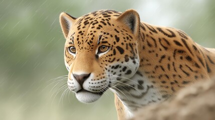 Fototapeta premium Jungle animals wet season concept, A close-up view of a majestic leopard in a natural setting.