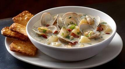 Delicious creamy clam chowder is presented in a white bowl, showcasing a rich, flavorful soup.