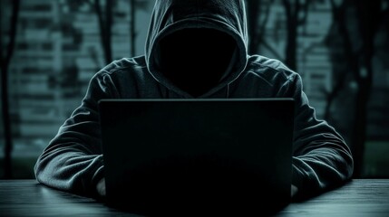 Digital Enigma: An anonymous figure hunched over a laptop, bathed in shadows, embodying the mystery of the digital world.