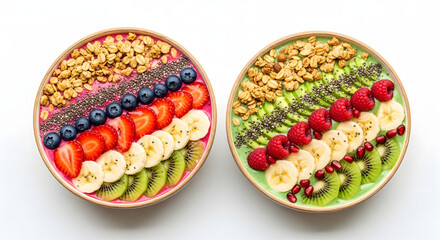 Two refreshing and colorful smoothie bowls filled with fresh fruits, granola, and chia seeds, perfect for a healthy breakfast or snack