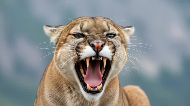 powerful cougar intensely snarls mouth wide revealing sharp fangs pink tongue Tan fur green eyes white whiskers against blurred natural backdrop